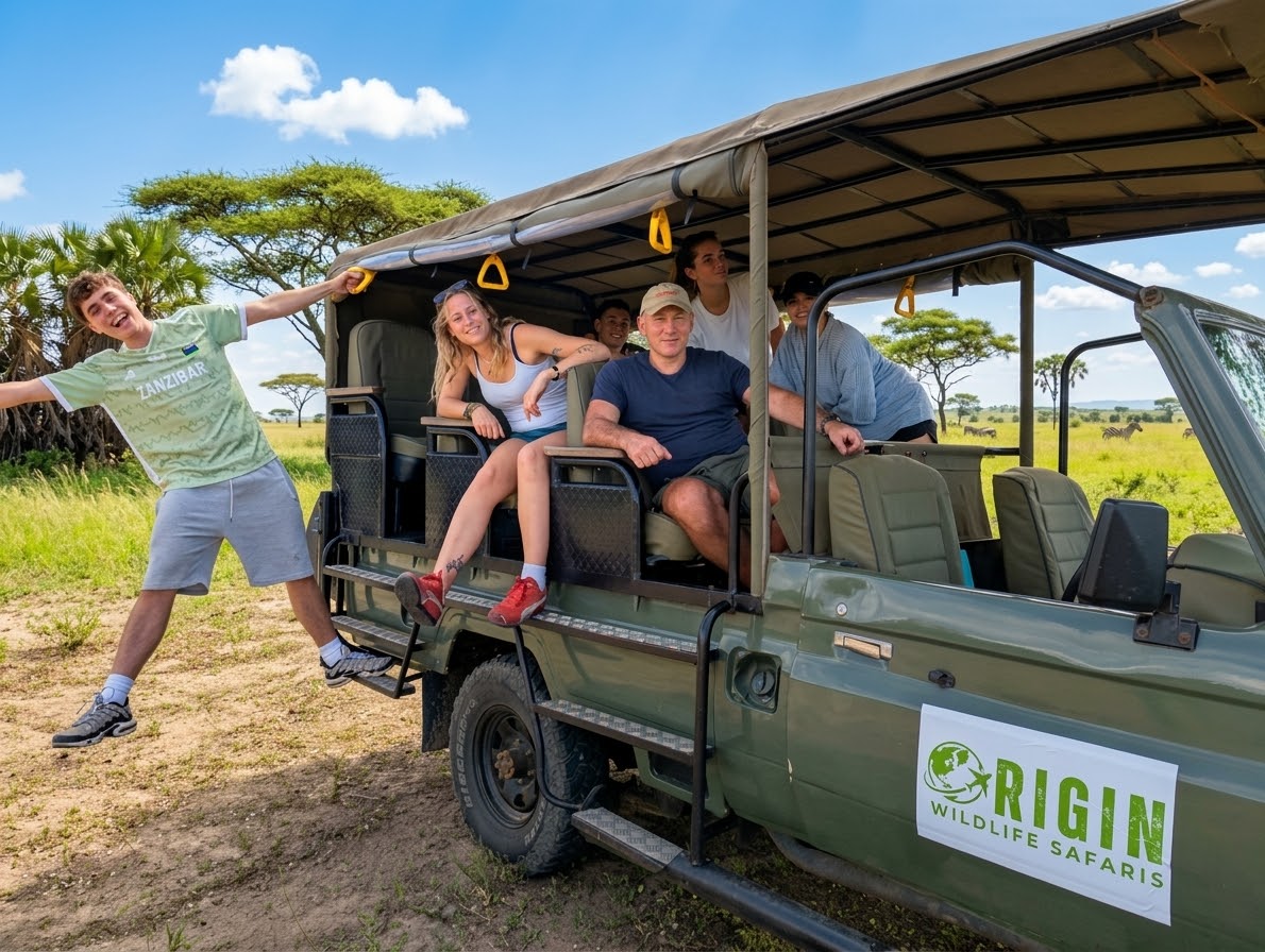origin wildlife safaris clients driving in open sided jeep in ngorongoro national park